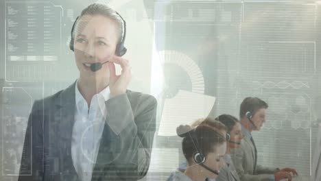 animación de la interfaz digital sobre personas de negocios que usan auriculares telefónicos
