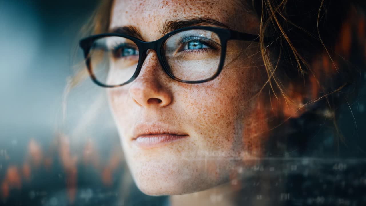 A thoughtful moment captured: a close-up profile of an introspective individual with glasses, gazing into the distance as reflections and soft colors blend in the background