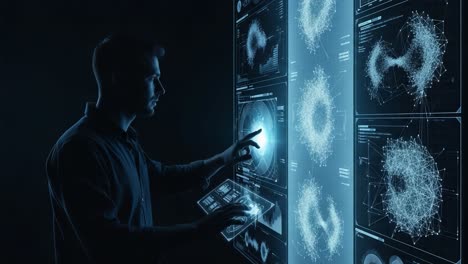 a futuristic technician interacting with high-tech data displays, analyzing complex visualizations and insights from interactive touch screens in a dimly lit environment