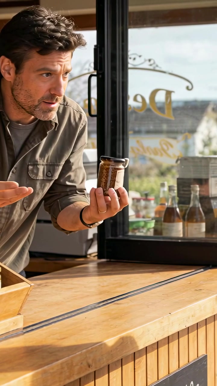 Vertical video: Leaning khaki shirt vendor lifting tin at counter after client cue, showing product