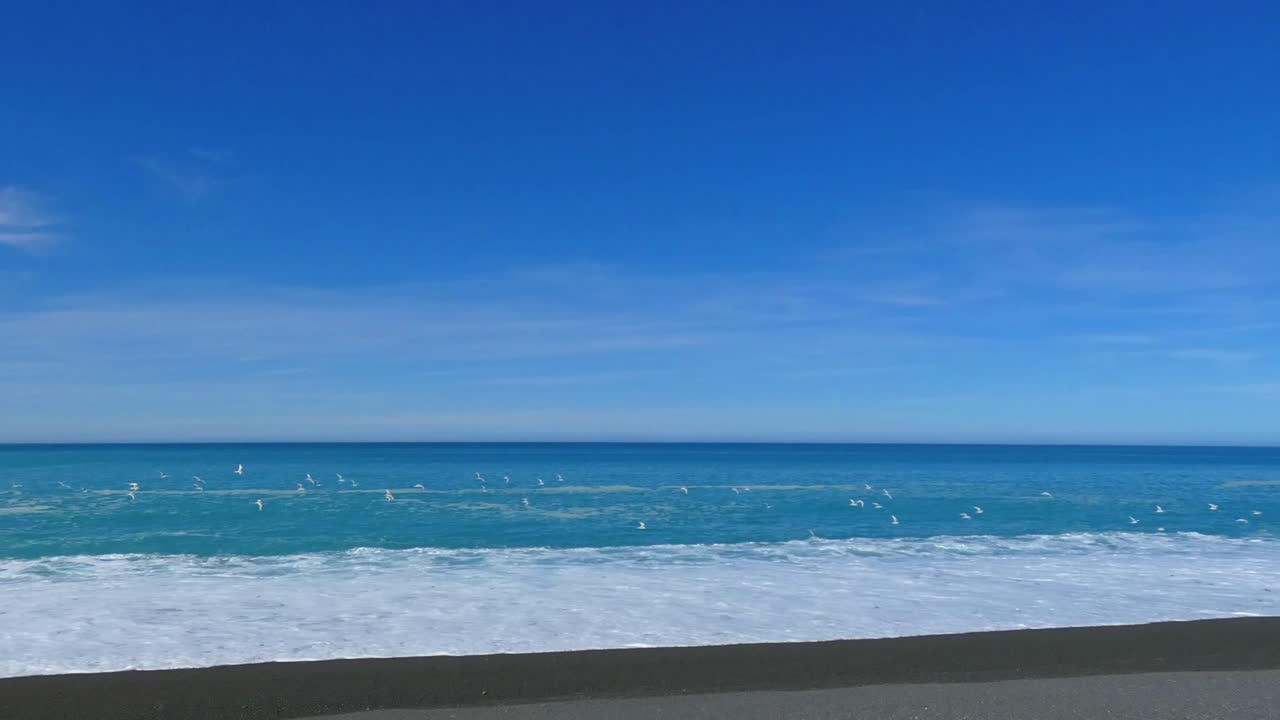 POV walk across stony shore as sea birds fly away on a beautiful summer's day - Birdlings Flat Beach (New Zealand)