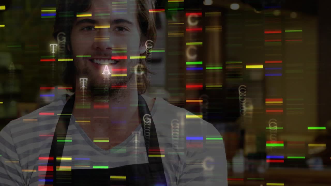 Cafe employee tapping tablet screen and activating colored bars and nucleotide letters for analysis