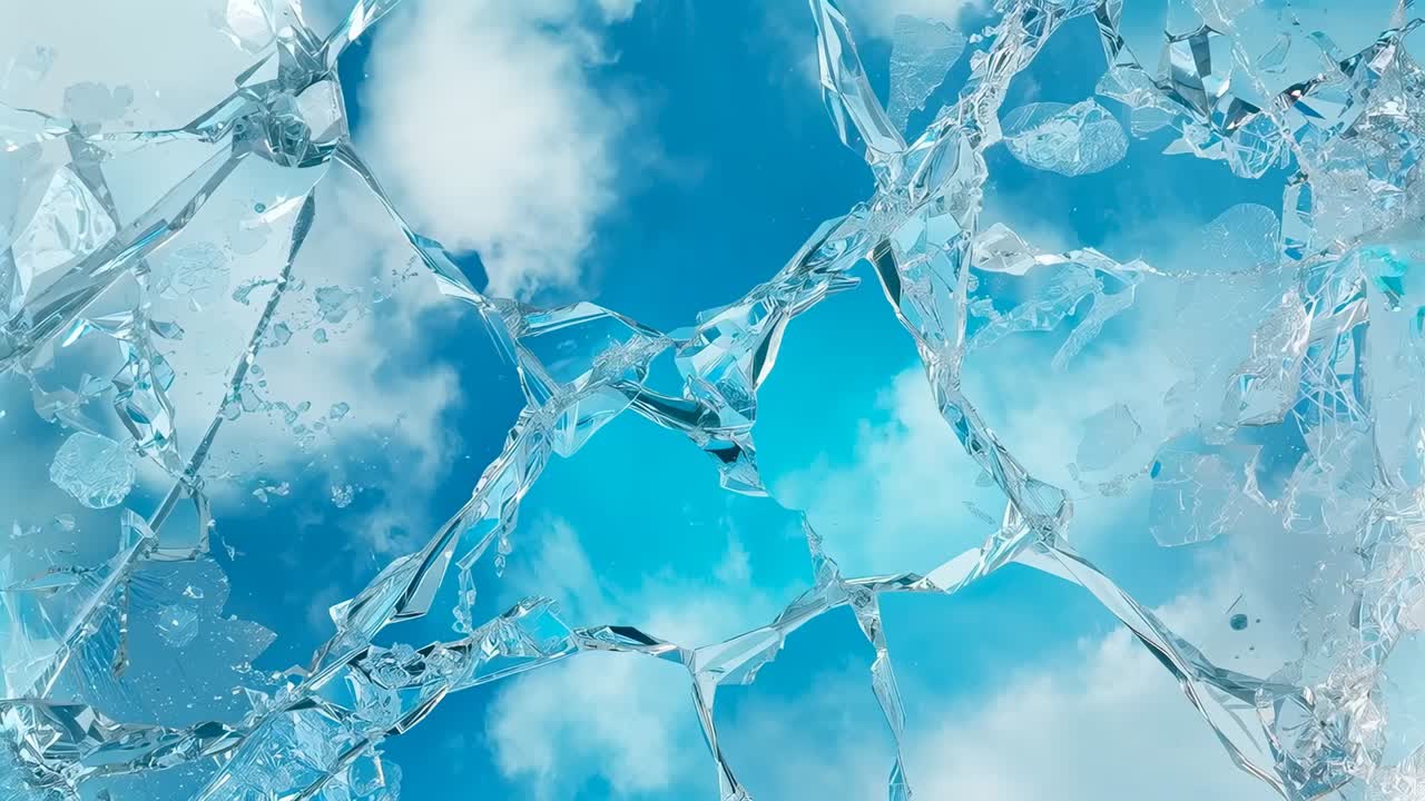 Frammenti frantumati che si spostano rivelando il cielo azzurro all'esterno, fotogrammi che avanzano causando la deriva delle particelle