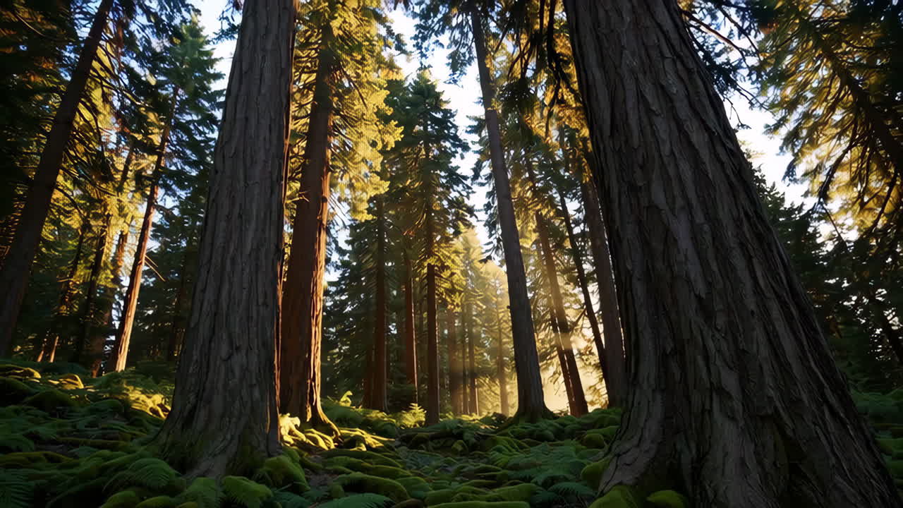 Sunlight filters through a majestic forest of towering trees