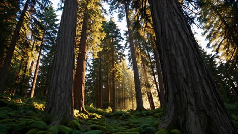 sunlight filters through a majestic forest of towering trees