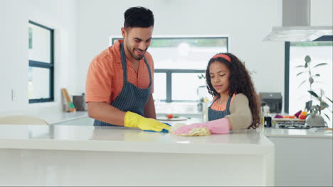 Dad,-daughter-and-cleaning-kitchen-with-gloves