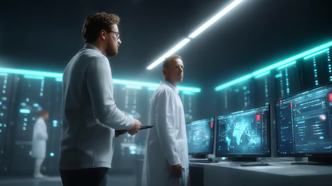Two Scientists Collaborating in a High-Tech Laboratory Analyzing Data on Computer Monitors Amid a Futuristic Environment with Advanced Technology