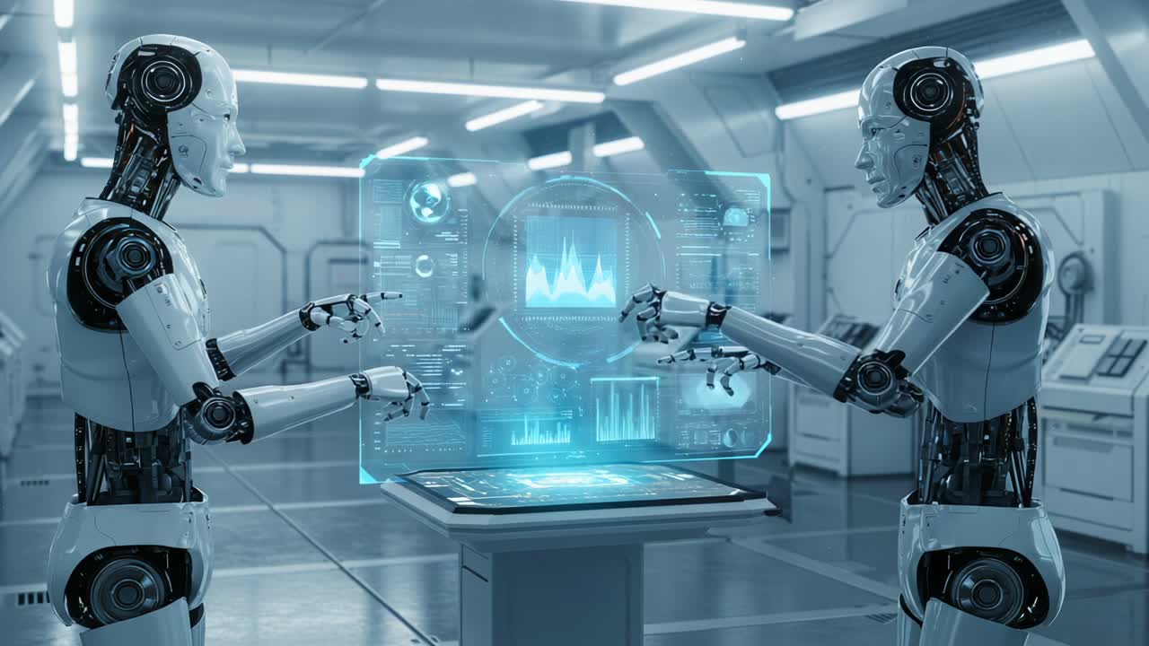 Futuristic Robots Analyzing Data in a High-Tech Laboratory Environment with Advanced Holographic Display Interaction