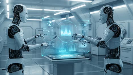 futuristic robots analyzing data in a high-tech laboratory environment with advanced holographic display interaction