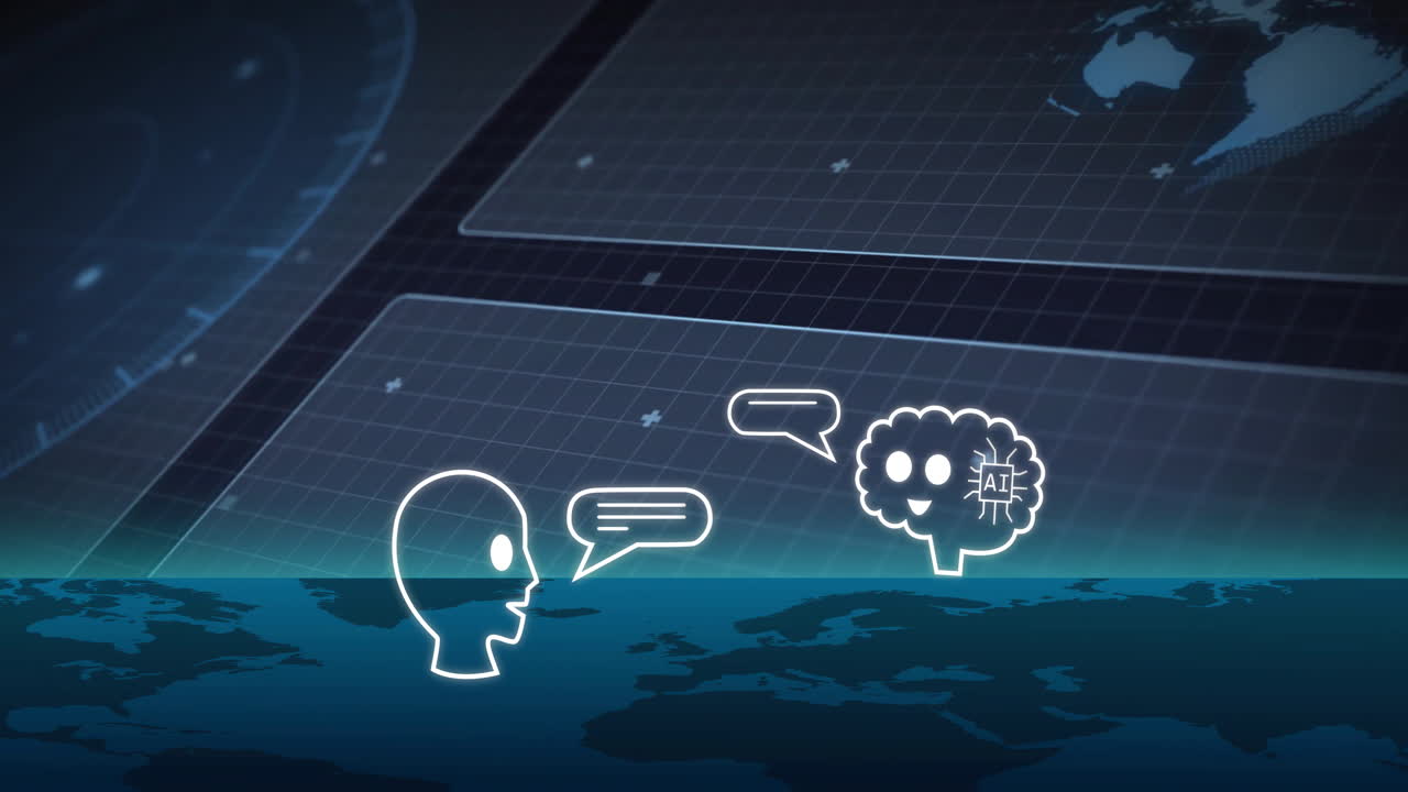 Animation of AI icons and speech bubble over world map for digital communication