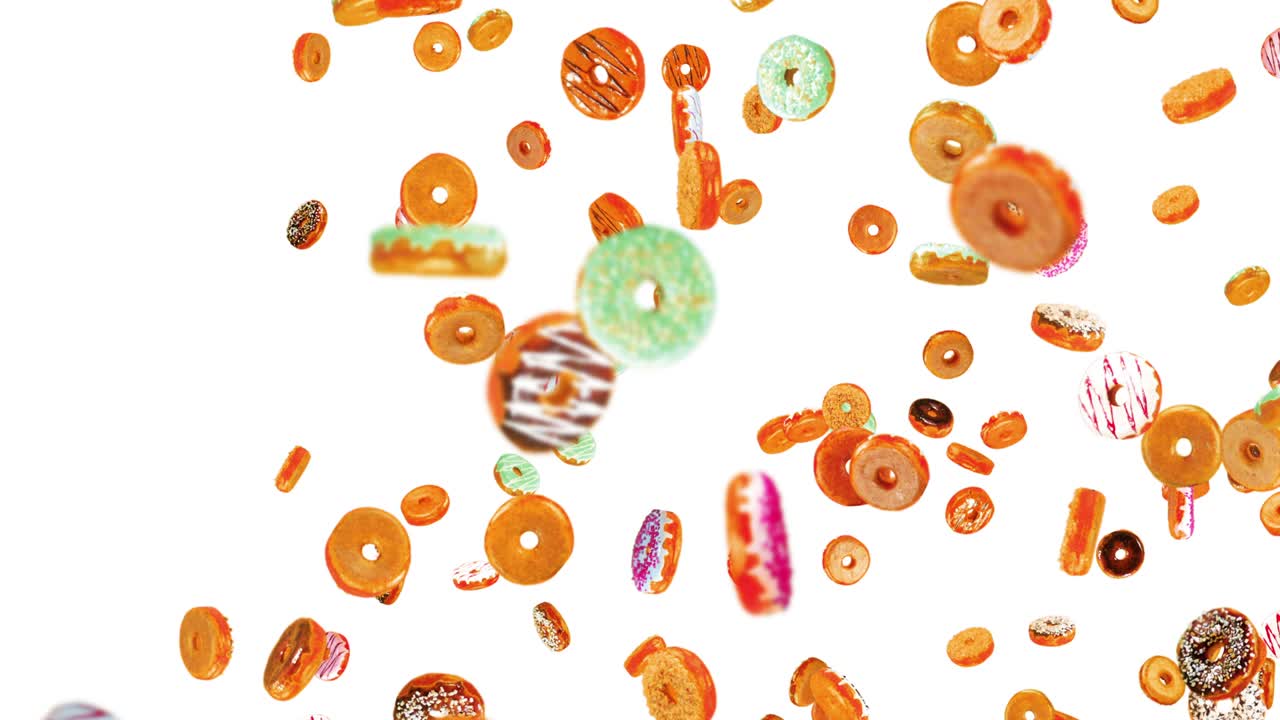 색 배경에 많은 다채로운 도을 날아. 도 케이크, 과자, 디저트. 도 회전의 3d 애니메이션. 루프 애니메이션.