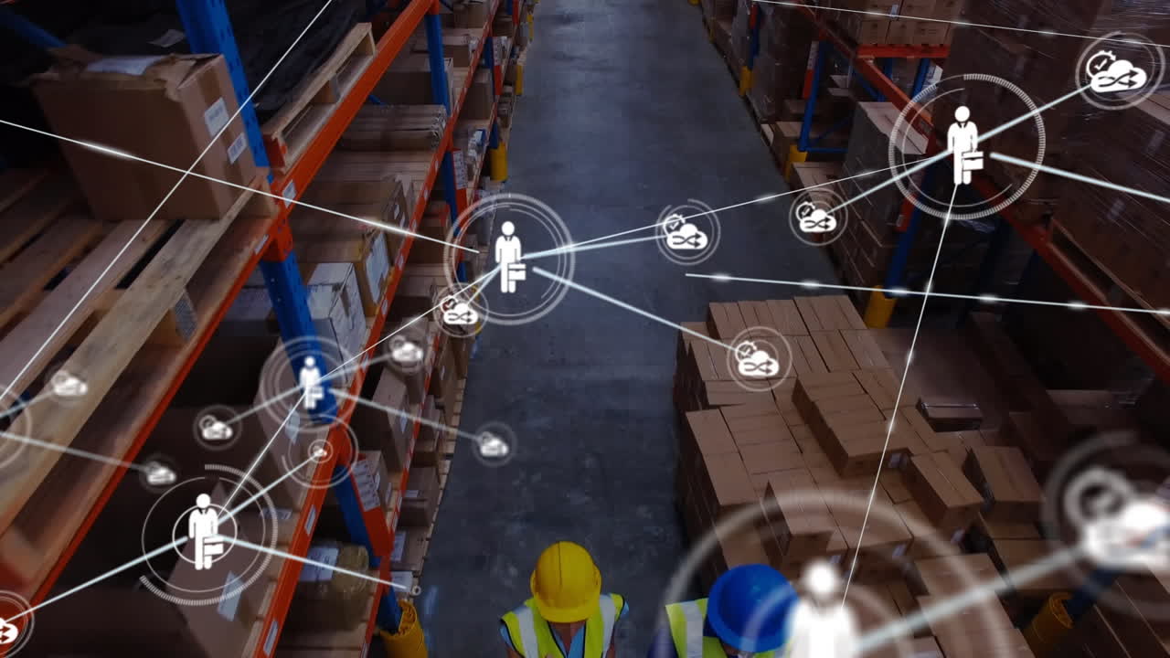 animación de la red de conexiones sobre el hombre que trabaja en el almacén