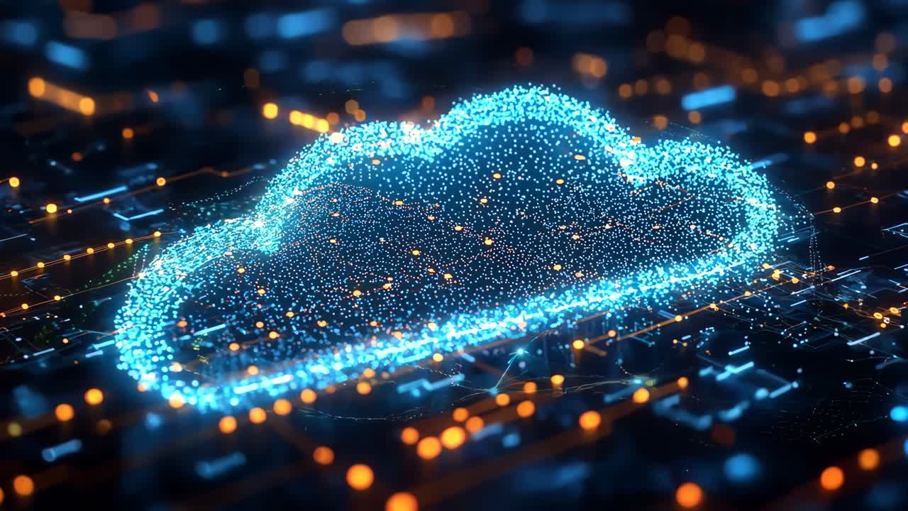 A blue cloud with orange and yellow lights surrounding it. Concept of technology and innovation