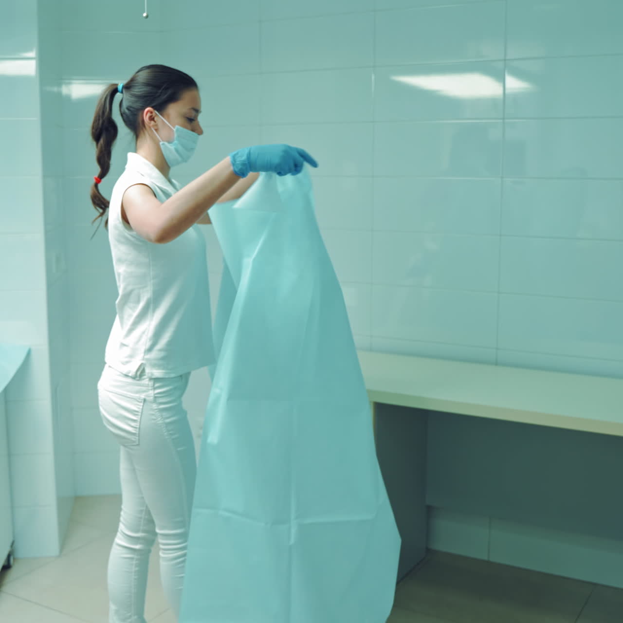 Young female nurse in white clothes lays out blue material in the hospital. Woman in mask prepares the dentist office for work day indoors.