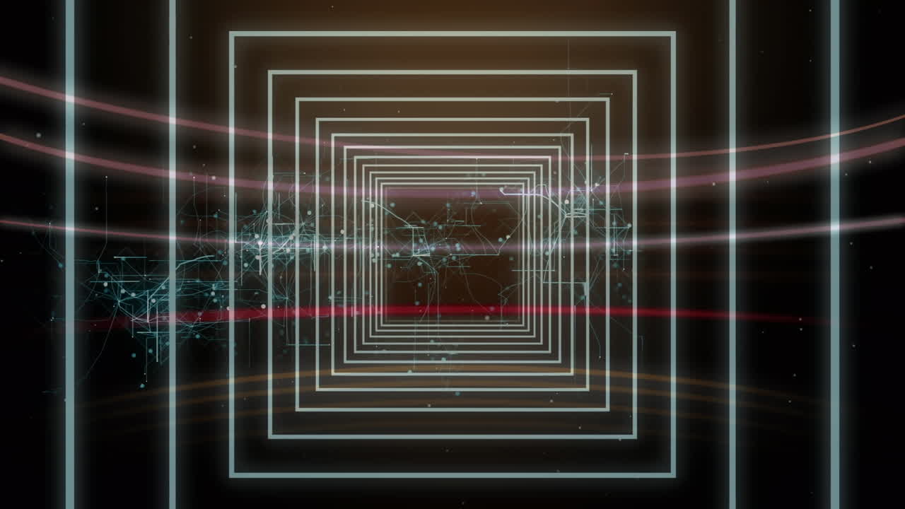 Animation of network of connections and digital tunnel on black background