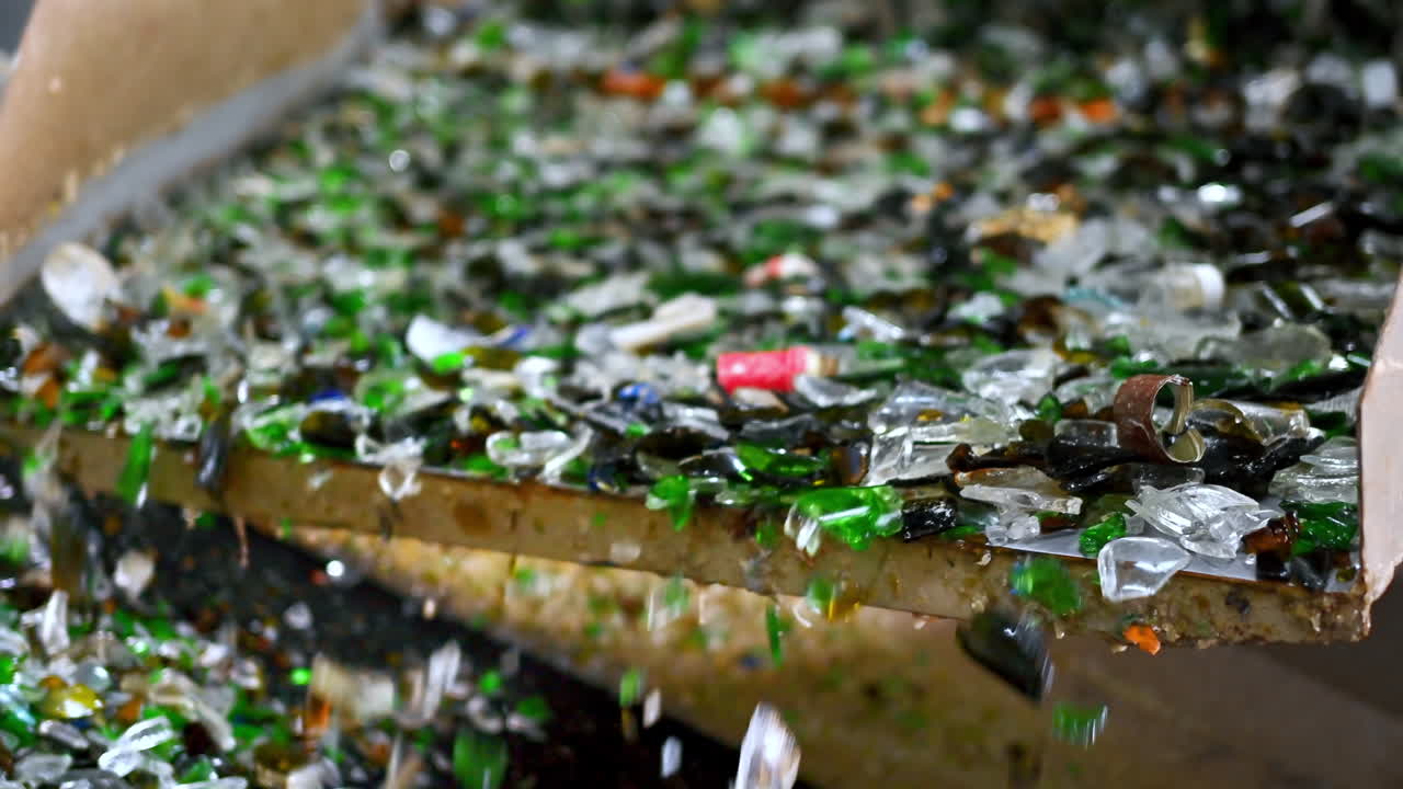 Process of sorting glass garbage on a vibrating conveyor belt at waste sorting plant. Slow motion