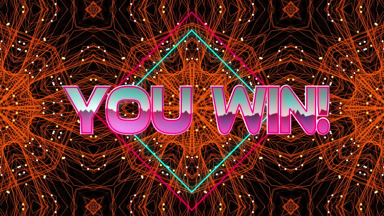 animación de usted ganar texto sobre formas en movimiento caleidoscópicas