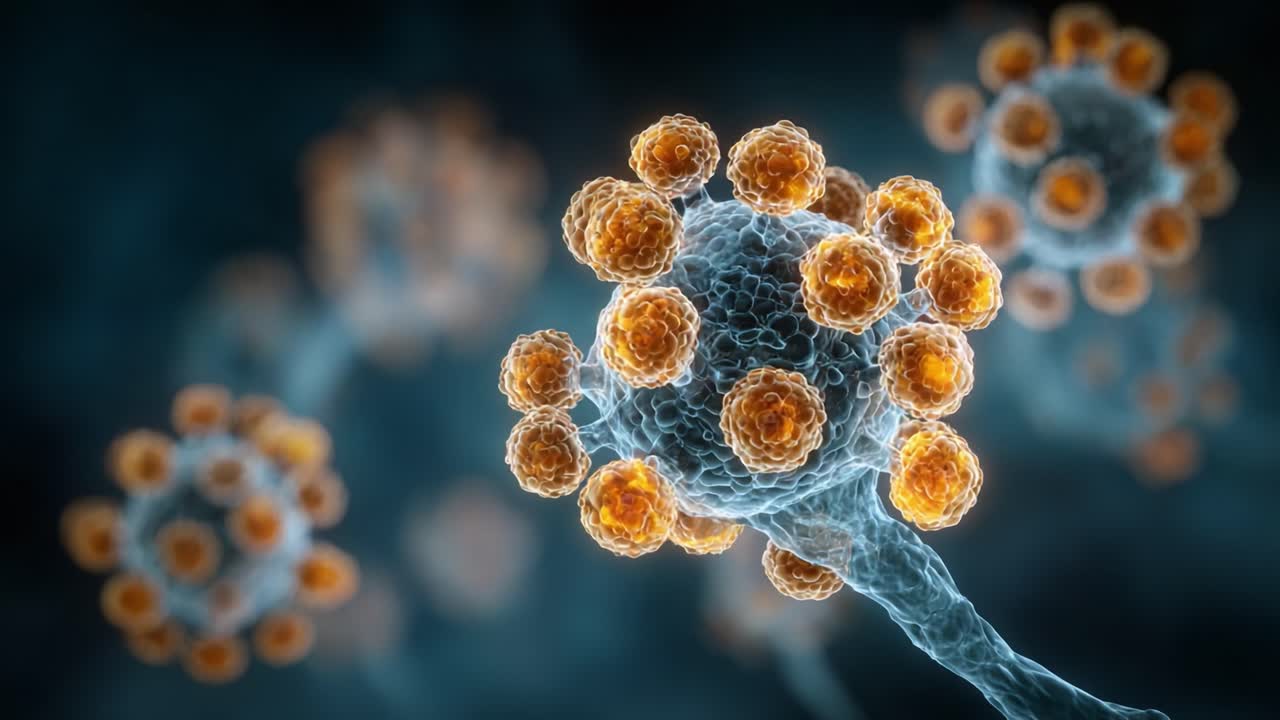 Microscopic View of Viral Structures: Detailed Visualization of Virus Particles with Spiky Projections and Core Elements in an Intricate Cellular Environment