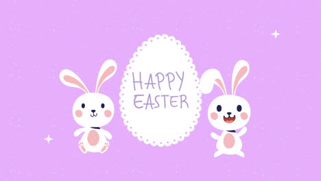 feliz tarjeta animada de pascua con conejos y huevos pintados