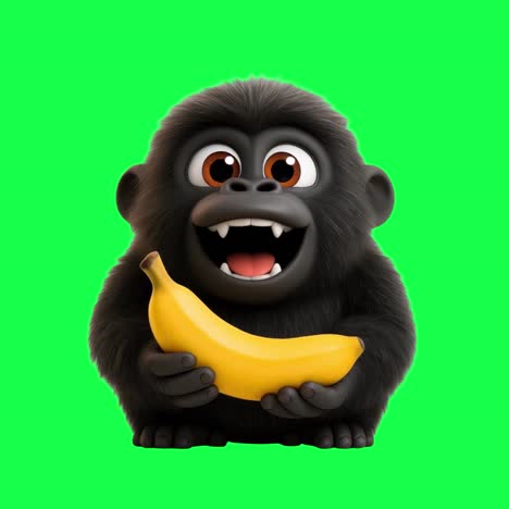 Cute cartoon gorilla holding banana animation, transparent 4K video, green screen