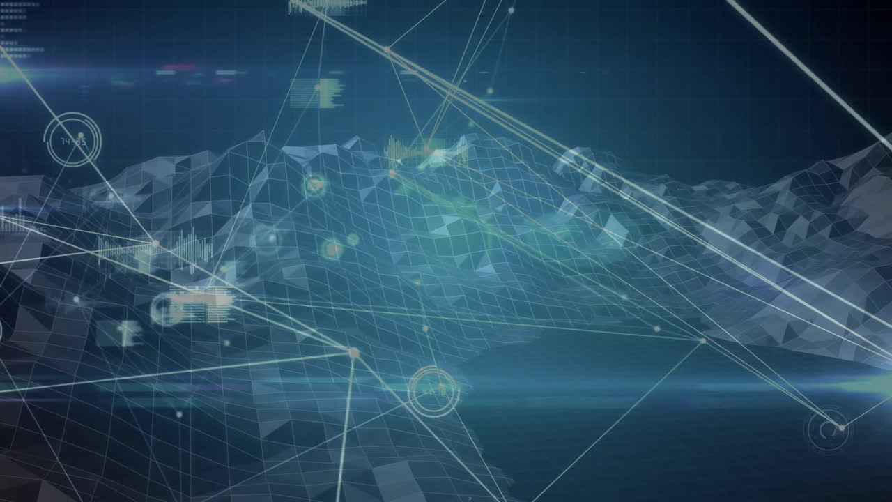 3D low-poly mesh terrain shifting under glowing network lines, bar charts, circular HUD elements