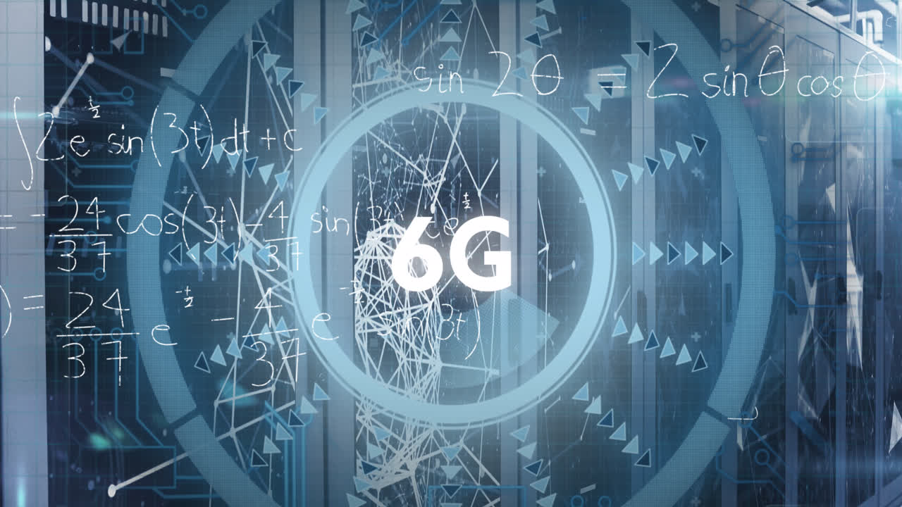 animación del procesamiento de datos y texto 6g a través de la sala del servidor