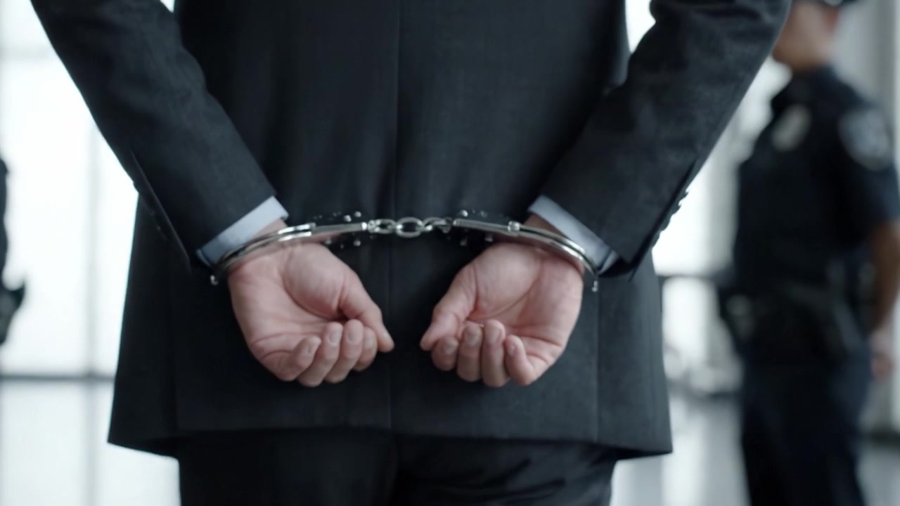 En alvorlig juridisk situation: En person i håndjern, der skildrer en anholdelse i professionelle omgivelser, hvilket symboliserer kriminalitet, retfærdighed og konsekvenser for retshåndhævelse.