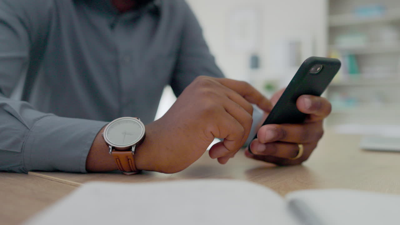 Black man, hands and scroll on smartphone