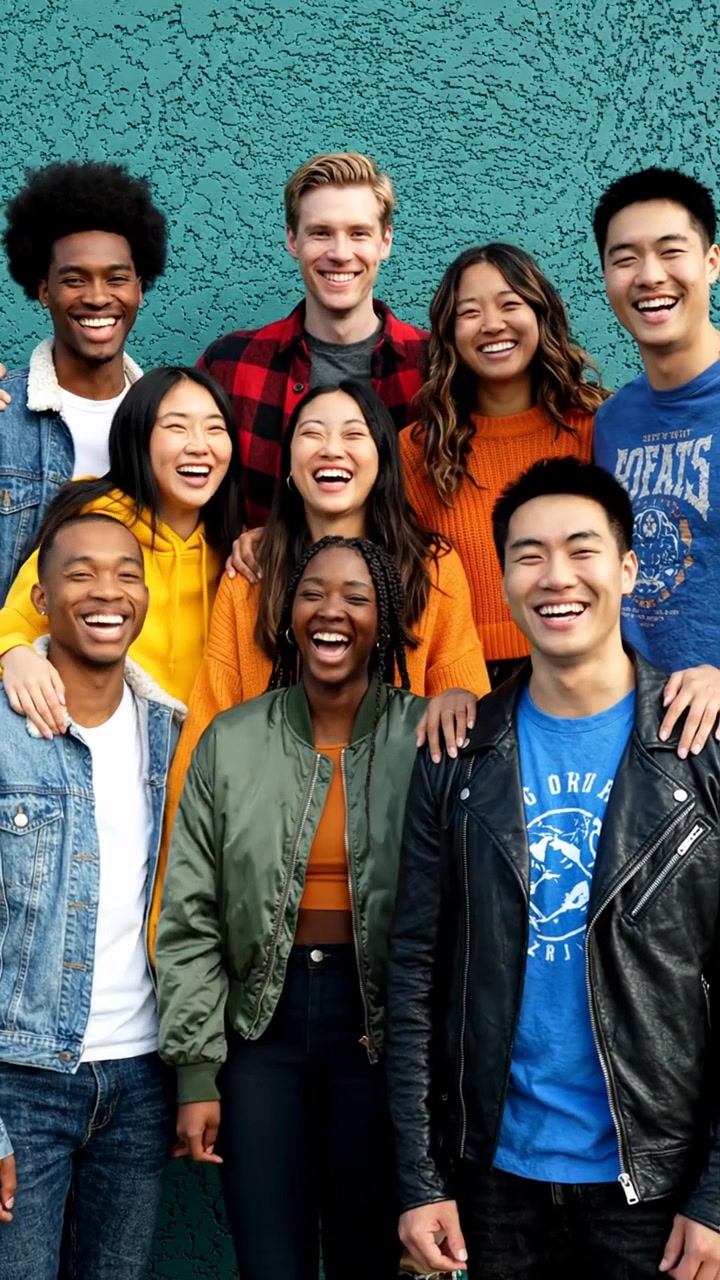 Un gruppo diversificato di giovani amici che sorridono insieme.