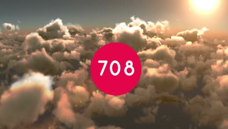 números crecientes en la bandera circular roja contra el sol brillante y las nubes en el cielo
