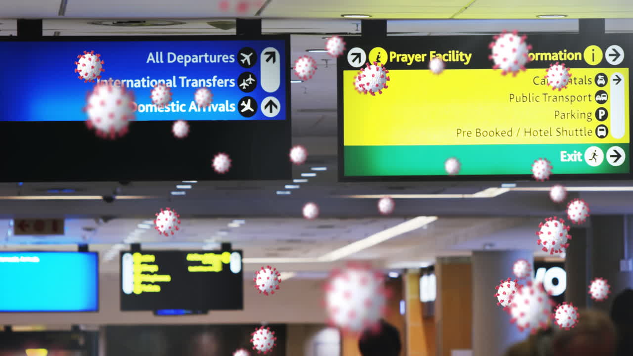 video compuesto digital de células de covid-19 que se mueven contra personas que caminan en un aeropuerto en el fondo