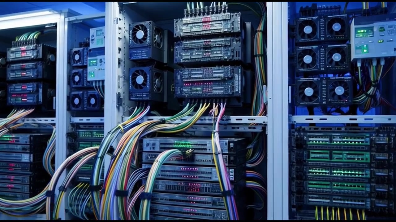 Server Rack with Network Cables and Blinking Lights in Data Center