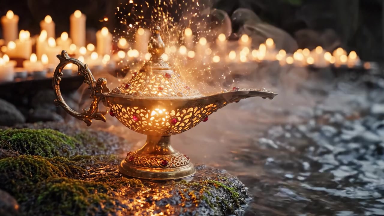 Lampu Aladdin Dekoratif Dikelilingi Lilin yang Berkedip dan Air Berkabut, Menangkap Suasana Magis dan Mempesona Penuh Misteri dan Keajaiban