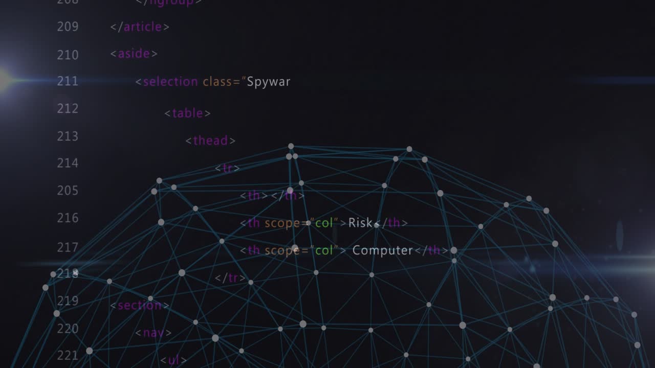 Code column appearing, dome rising, nodes flashing, light streaks, visualizing cyber security