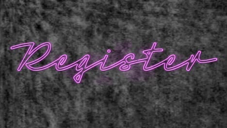 animation of purple neon text, register, on grey textured background