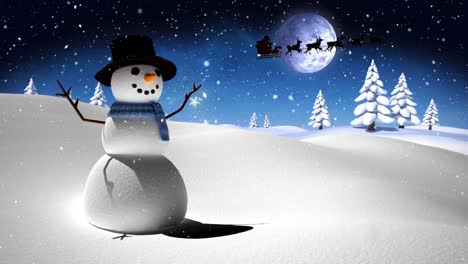 Animación-De-Santa-Claus-En-Trineo-Con-Renos-Sobre-Muñeco-De-Nieve,-Nieve-Cayendo-Y-Luna