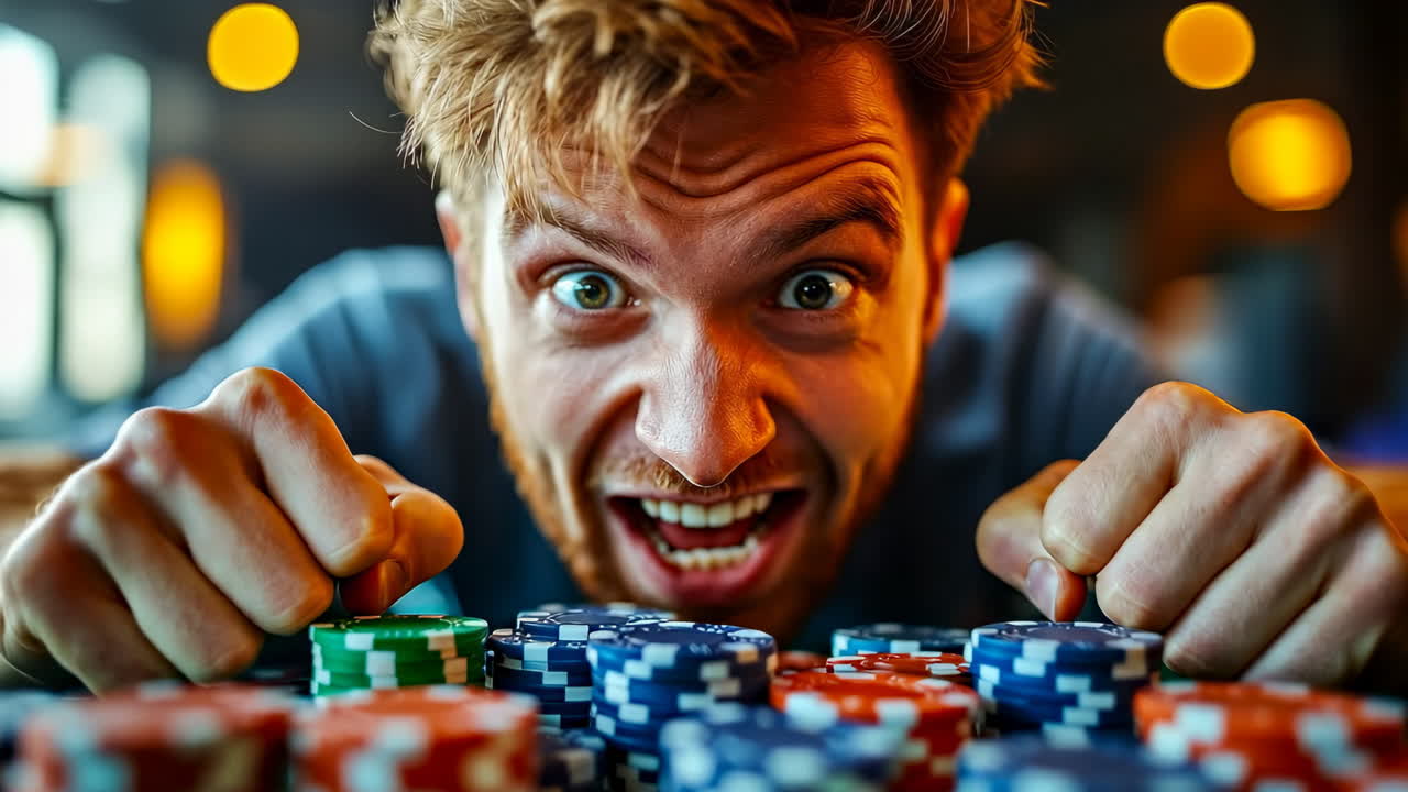 Man focused on gaming chips in casino. A man with a surprised expression leans over gaming chips while concentrating intensely in a casino setting