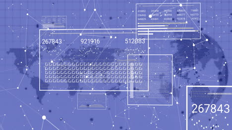 animation of statistics and digital data processing with world map over purple background