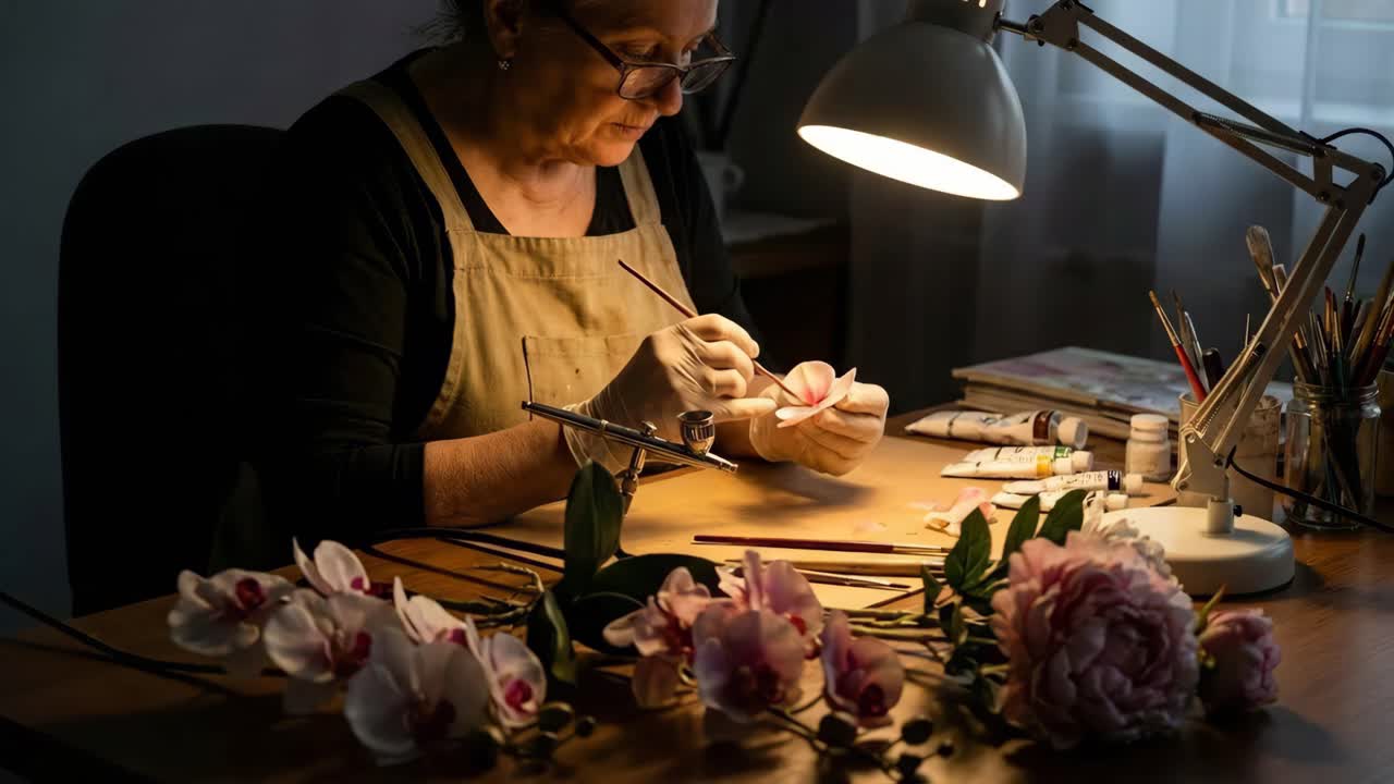 Donna che realizza fiori nel suo laboratorio