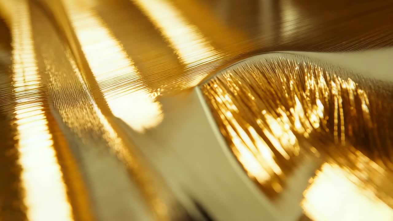 Opening macro shot, camera capturing grooved gold foil rippling across table showing shifting light