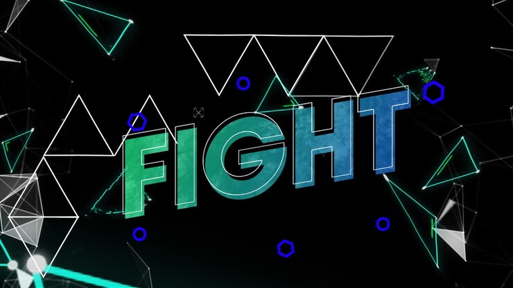 Animazione del testo "Fight" in verde e blu con interferenze su triangoli a linea su sfondo nero