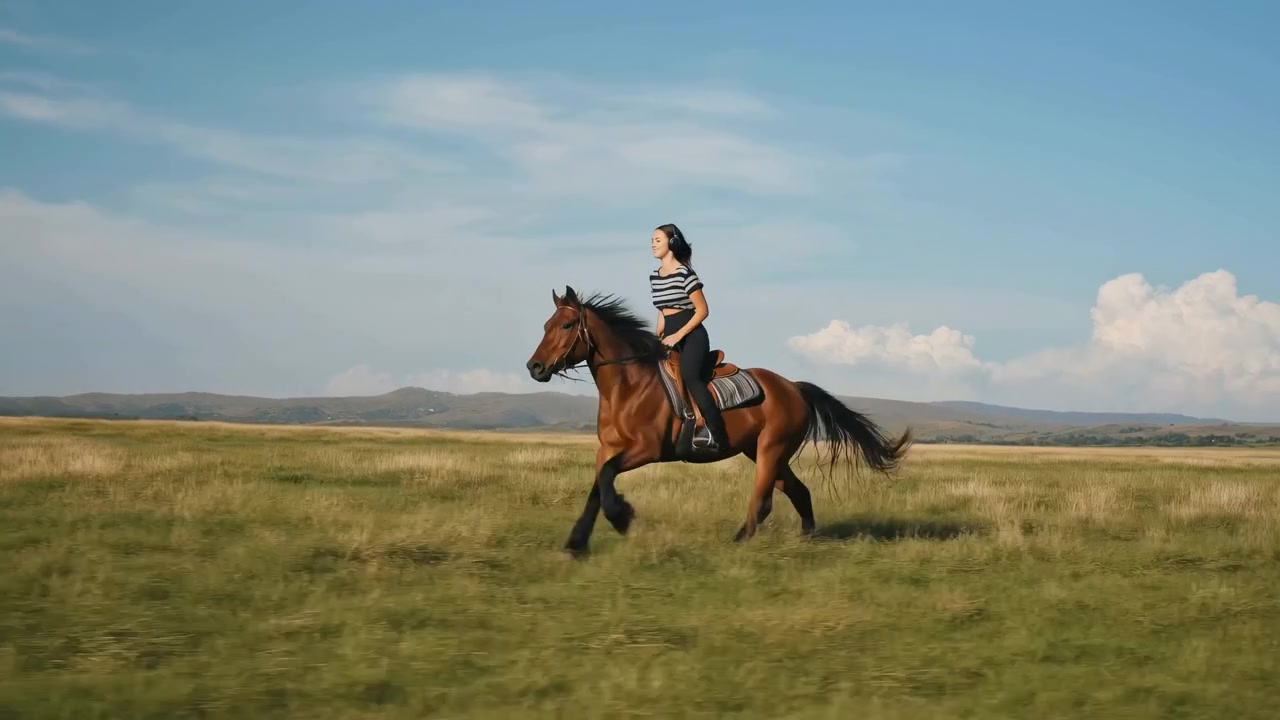 Una giovane donna cavalca un cavallo marrone attraverso un ampio campo erboso con colline distanti e un orizzonte aperto, creando una scena rurale calma alla luce naturale del giorno.