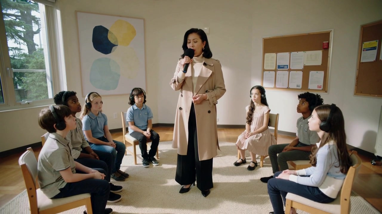 Raising microphone, teacher leading vocal lesson in music room in trench coat, kids with headphones