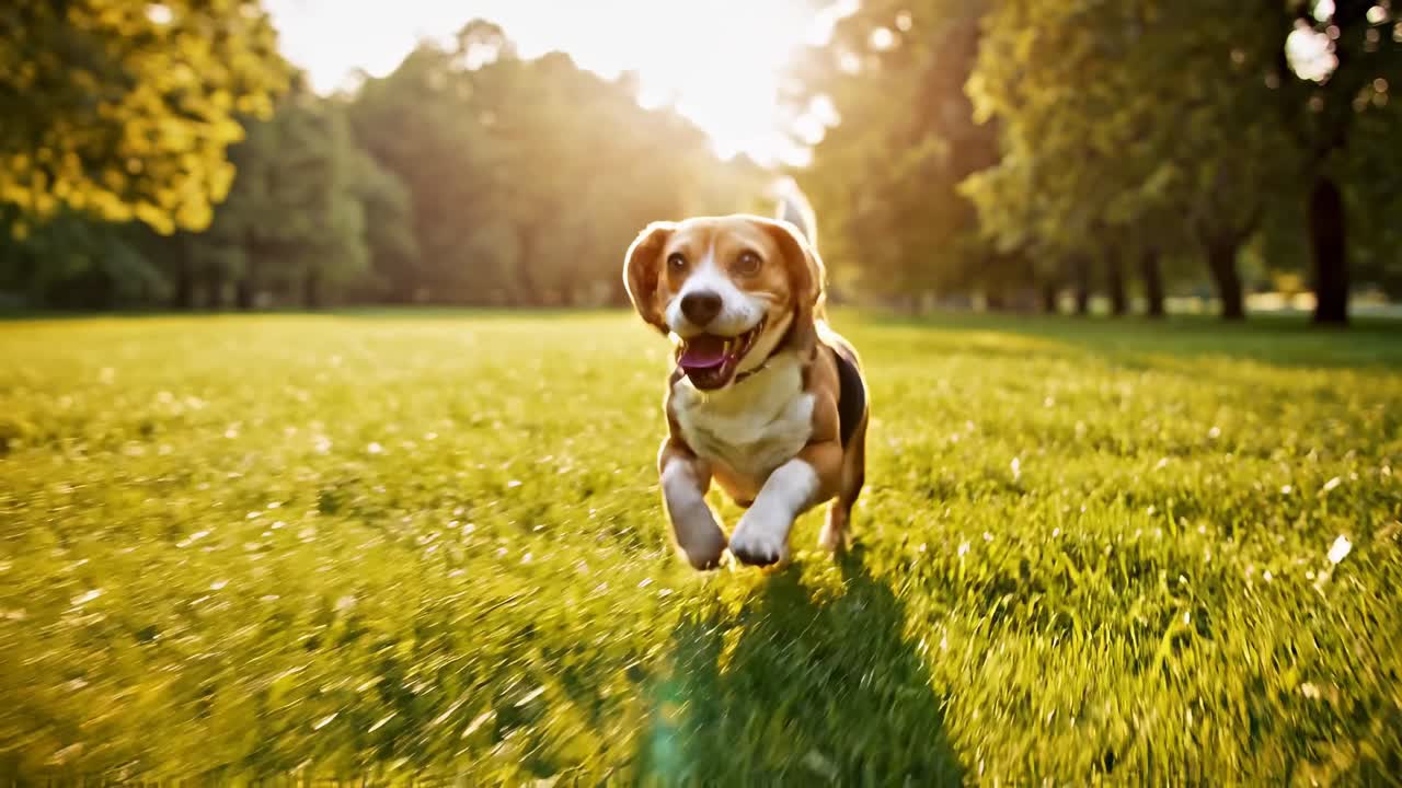 Un beagle juguetón corre sobre la hierba en una toma de ángulo bajo, capturando un movimiento alegre como un video.