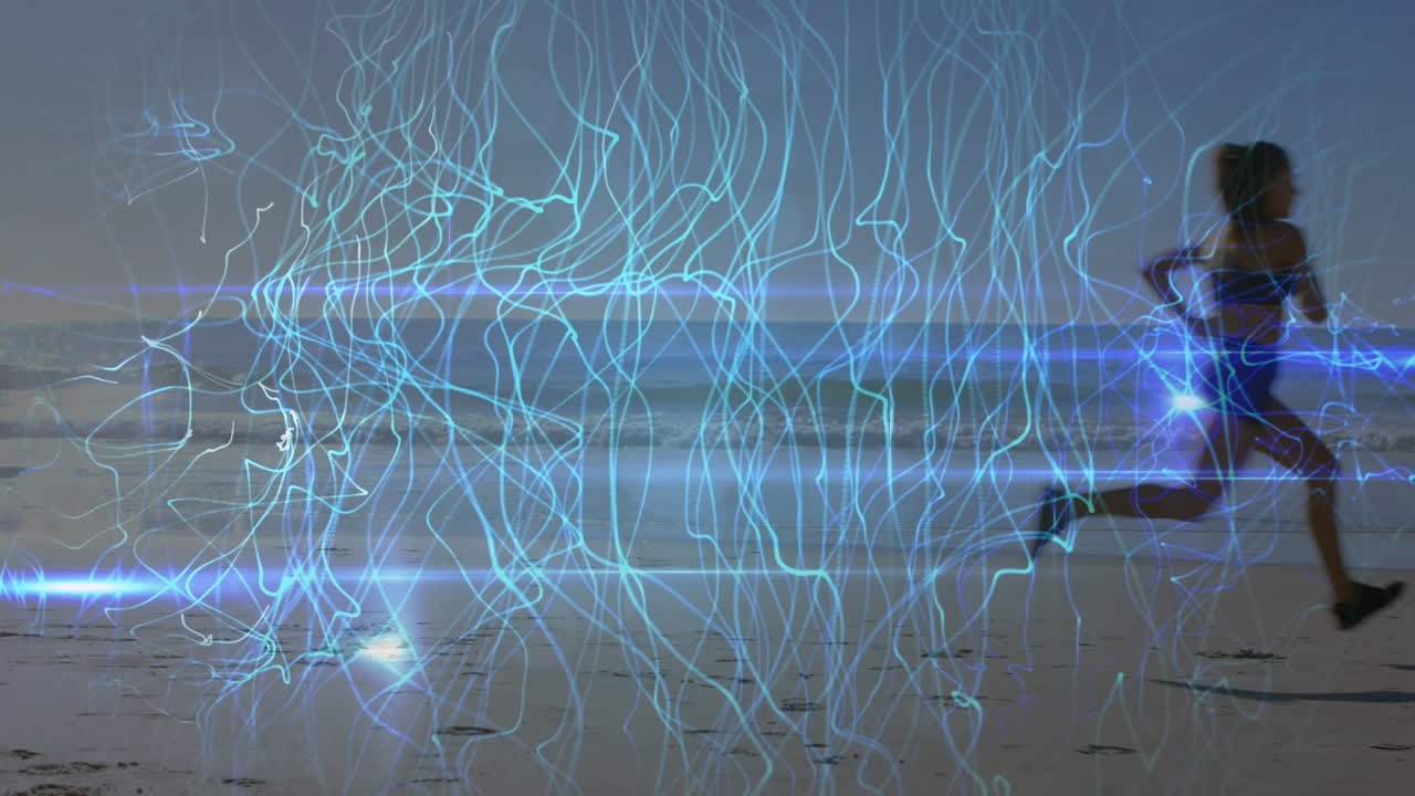 animación de líneas azules sobre mujer caucásica corriendo en la playa