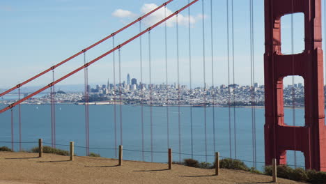 suspension cables and tower of iconic golden gate bridge backdropped by san francisco skyline in distance