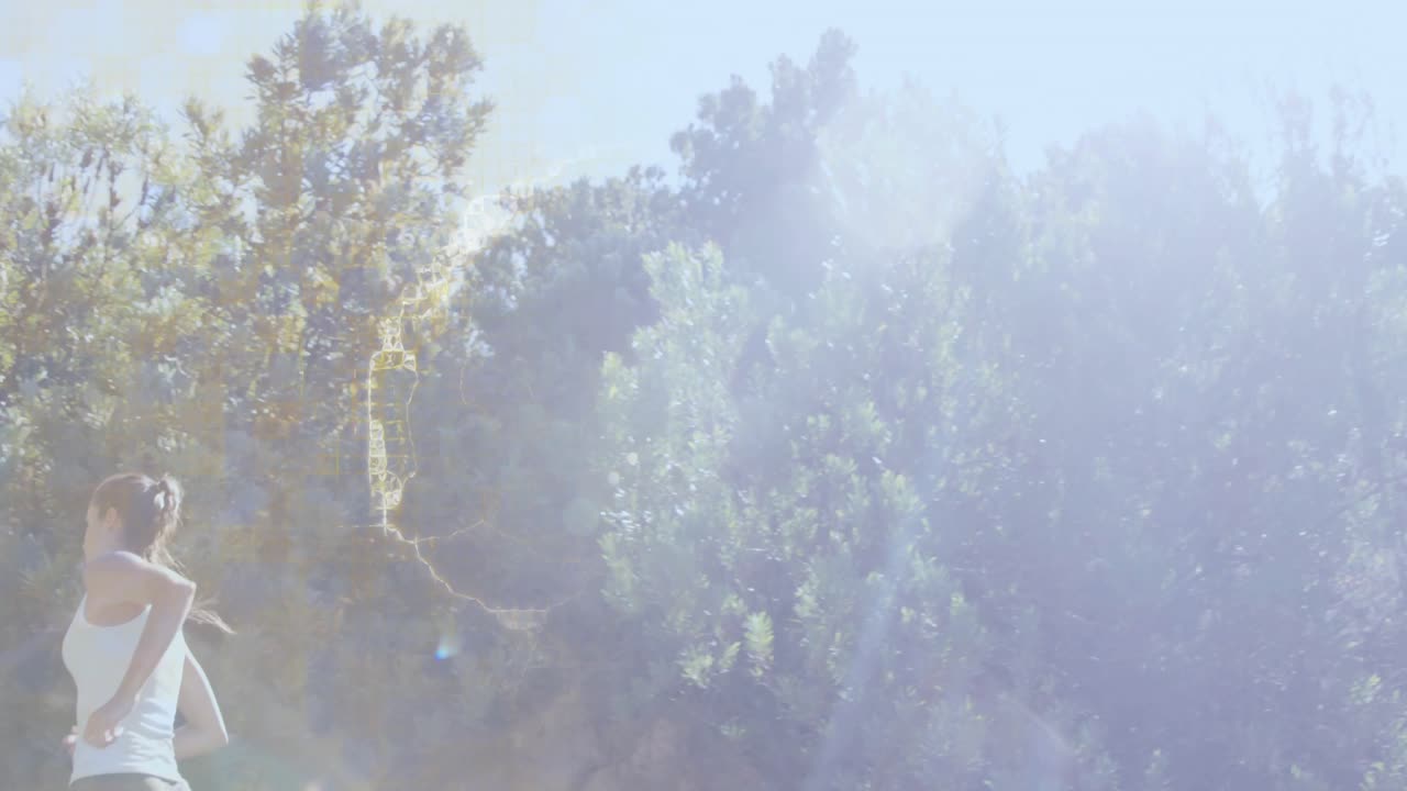 Female runner jogging along sunlit trail, motion causing glowing brain overlay for fitness tracking