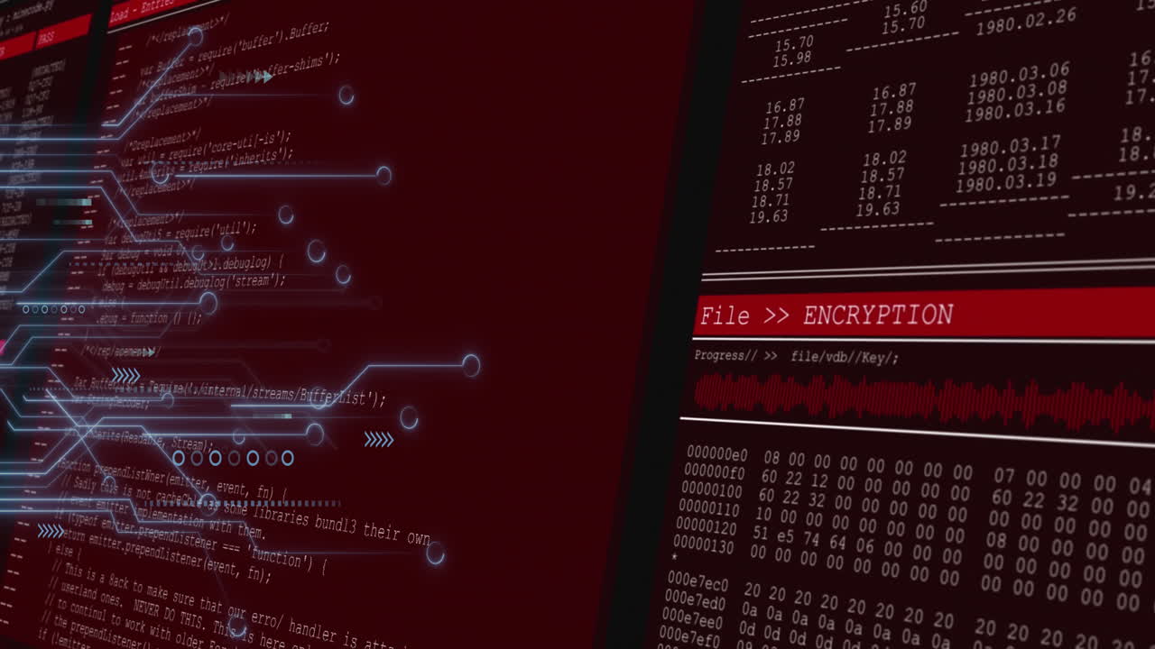 Animation of digital encryption with binary code and data flow on red background