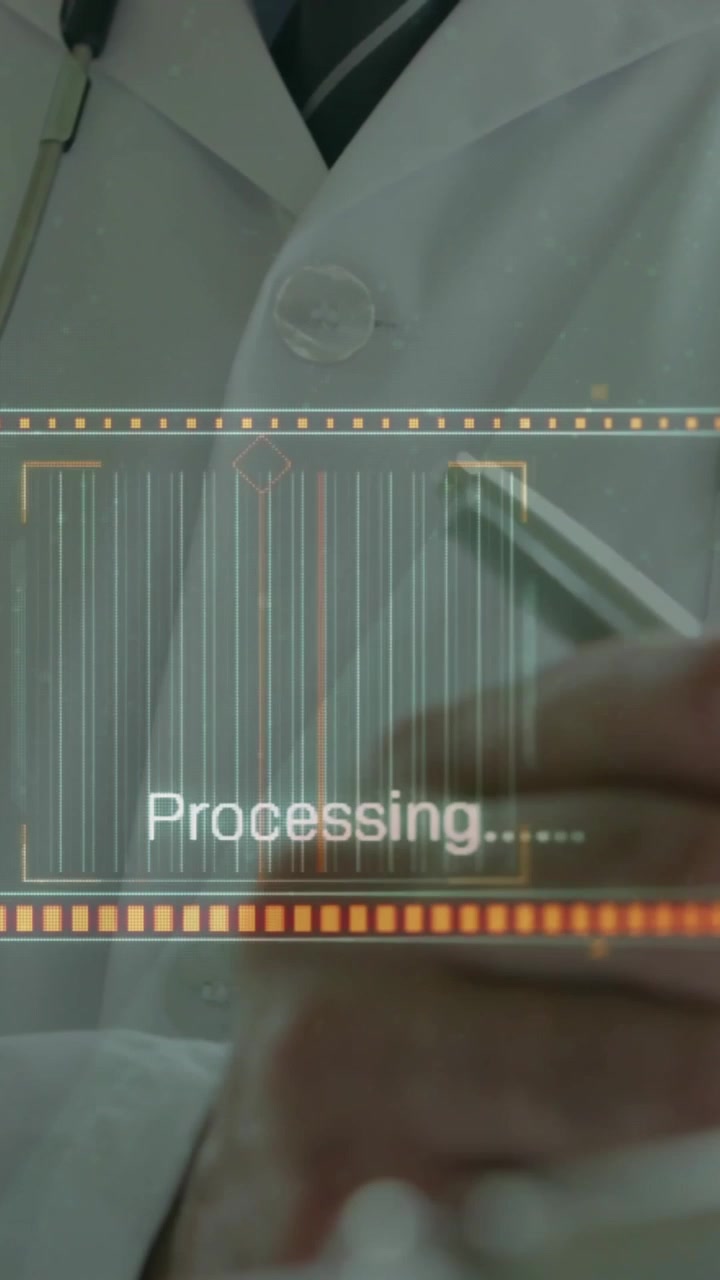 Doctor writing on clipboard with medical data processing animation in background