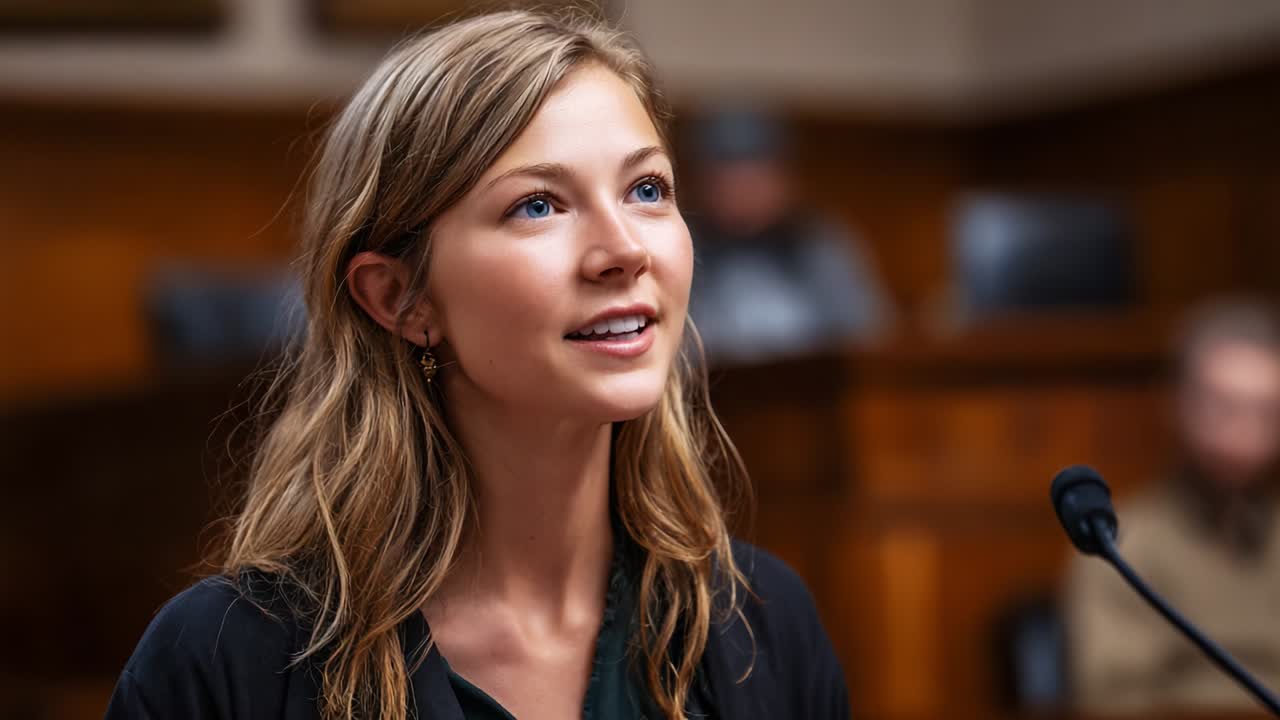 A Young Woman Engaged in a Speech During a Formal Meeting in a Courtroom, Demonstrating Poise and Confidence While Addressing an Audience in a Professional Setting